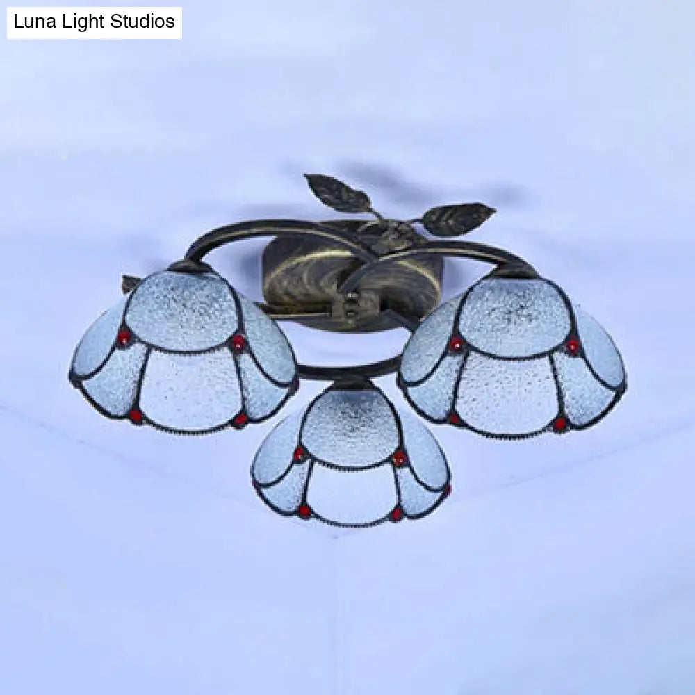 Industrial Vintage Bowl Ceiling Light - Stained Glass Blue/Clear 3 Lights Flushmount For Bedroom