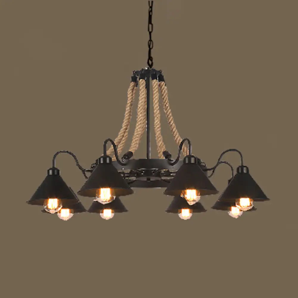 Industrial Vintage Large Chandelier With Rope And Metal Cone Shade - Perfect For Coffee Shop