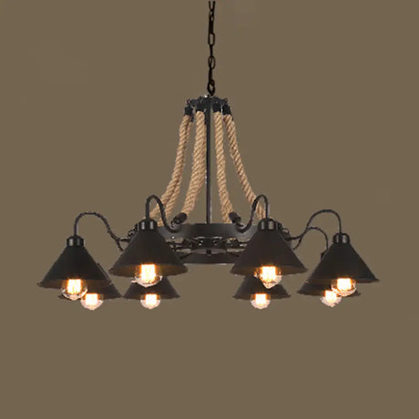 Industrial Vintage Large Chandelier With Rope And Metal Cone Shade - Perfect For Coffee Shop