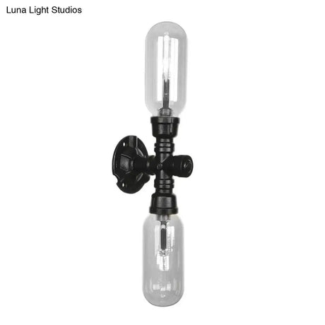 Industrial Wall Mounted Pipe Lighting With Clear Glass Black Sconce & Dual Or Quadruple Light