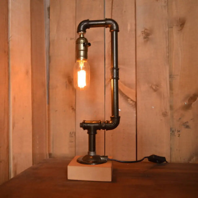 Industrial Water Pipe Table Lamp With Wood Base - Wrought Iron Black Stylish Design 1 Bulb