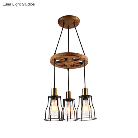 Industrial Wood Bell Cage Pendant Light With Brass Accents - 3/6 Lights For Living Room