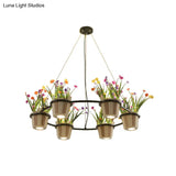 Industrial Wooden Ceiling Chandelier - Round Pendant With Potted Plant In Black 3/6/9 Lights