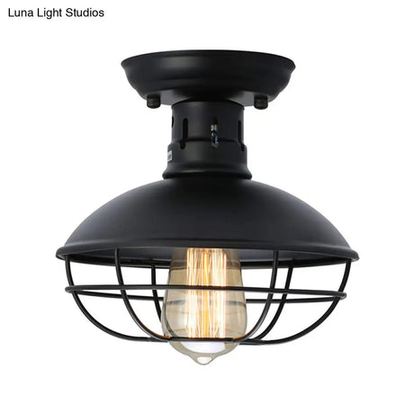 Iron Barn Flush Mount Ceiling Lamp In Antiqued Bronze/Coffee With Cage - Perfect For Living Room