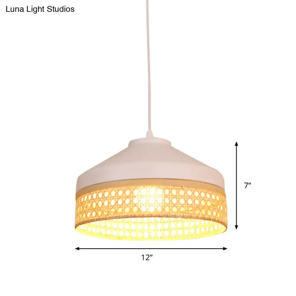 Iron Barn Pendant Light Kit - Modernist White Ceiling Lamp With Woven Rattan Detail