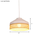 Iron Barn Pendant Light Kit - Modernist White Ceiling Lamp With Woven Rattan Detail
