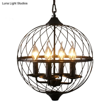 Iron Black Chandelier With Mesh Shade - 4-Bulb Industrial Ceiling Light For Dining Room