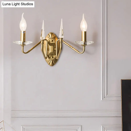 Iron Candle Wall Light Sconce With Crystal Decoration - Modern 2 Head Gold Finish