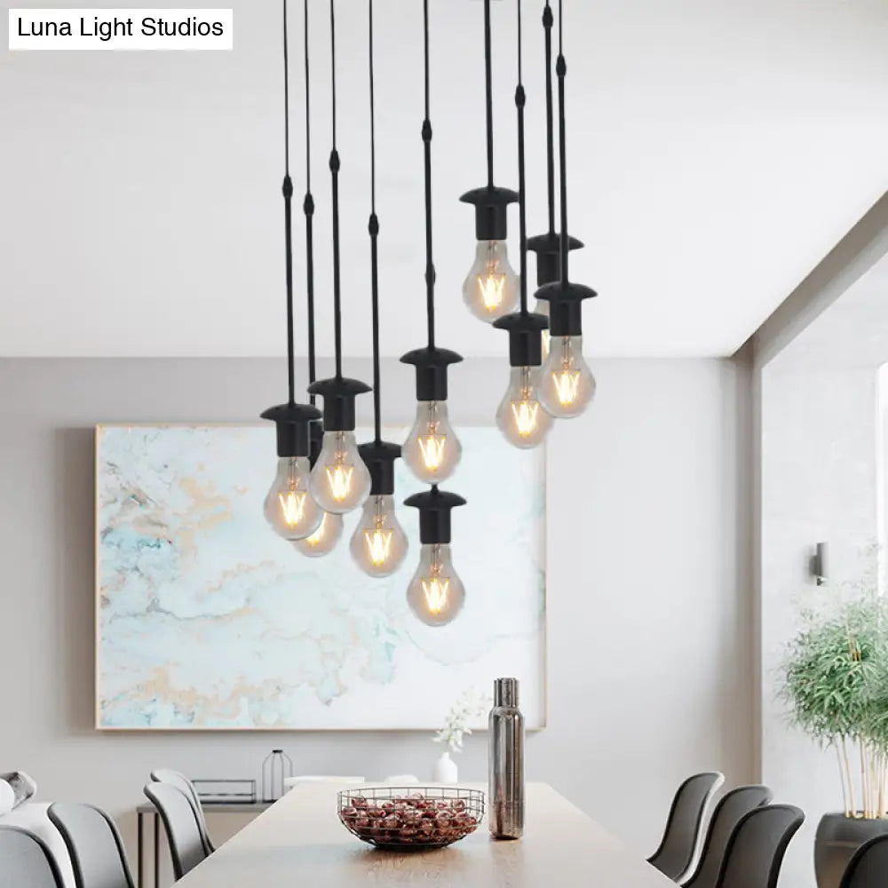 Iron Exposed Bulb Drapes Ceiling Light Loft Pendant Lighting - Black 5/10 Heads Bistro Multi