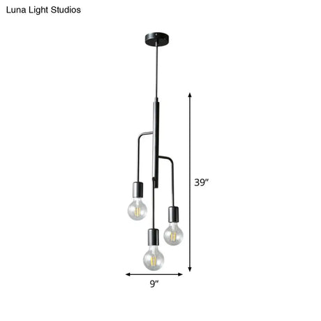 Iron Industrial Chandelier Pendant Light With Black Bare Bulb - 3 Heads Hanging Lamp For Living Room