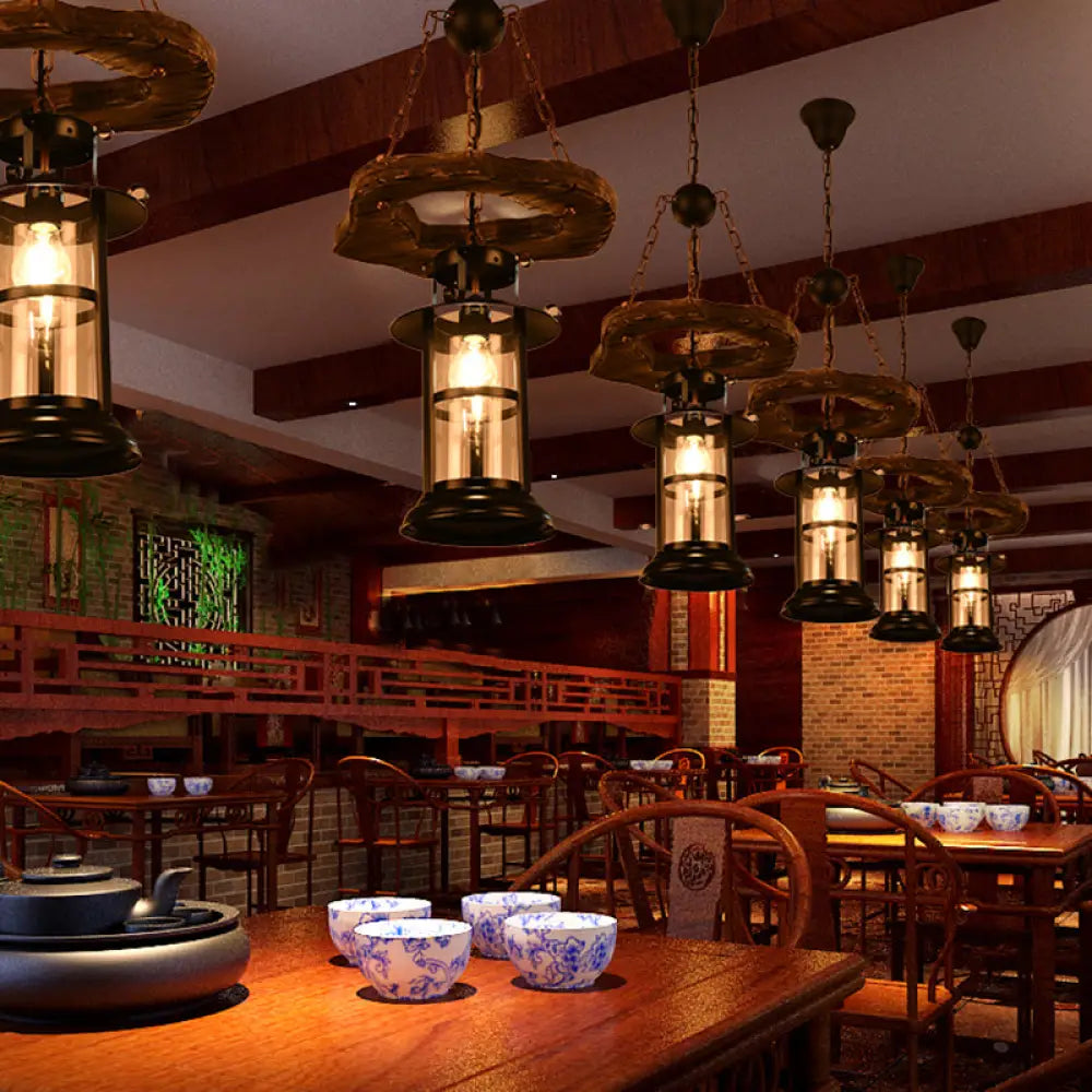 Iron Lantern Chandelier Antique Pendant Lighting For Commercial Restaurants With Wooden Accents