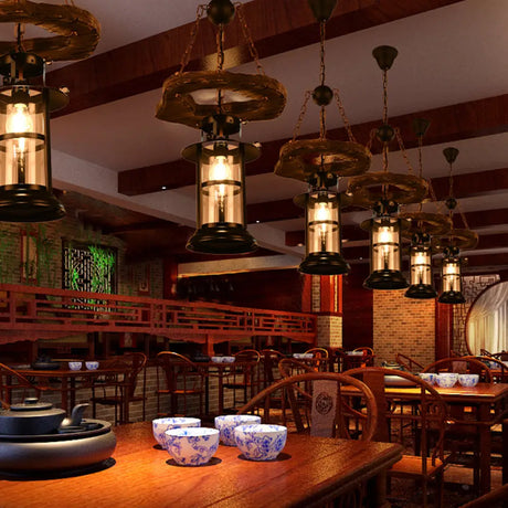 Iron Lantern Chandelier Antique Pendant Lighting For Commercial Restaurants With Wooden Accents