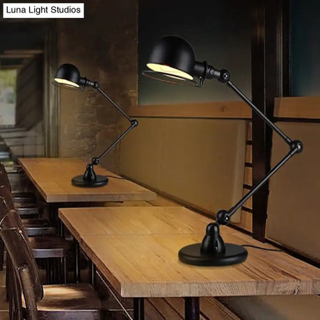 Iron Swing Arm Restaurant Desk Lamp With Dome Shade - Antiqued Black Finish 1-Bulb Table Lighting