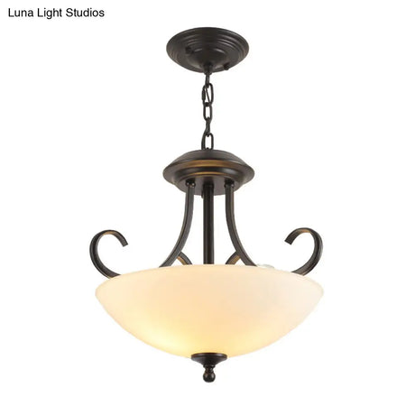 Iron Swirled Arm Retro Ceiling Light For Dining Room With 3 Heads And White Glass Shade