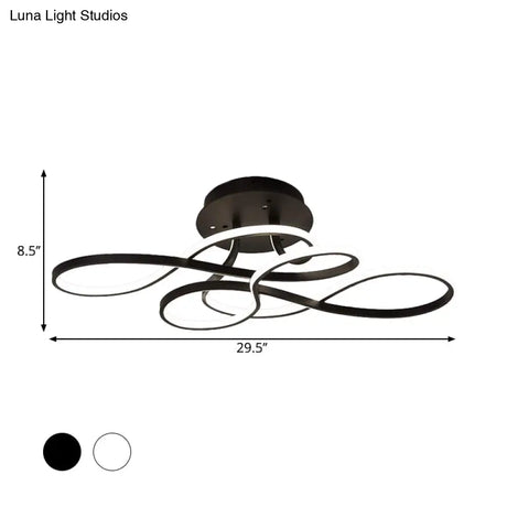 Iron Twisted Ceiling Fixture - Minimalist Black/White Led Semi Mount Lighting With Warm/White Light