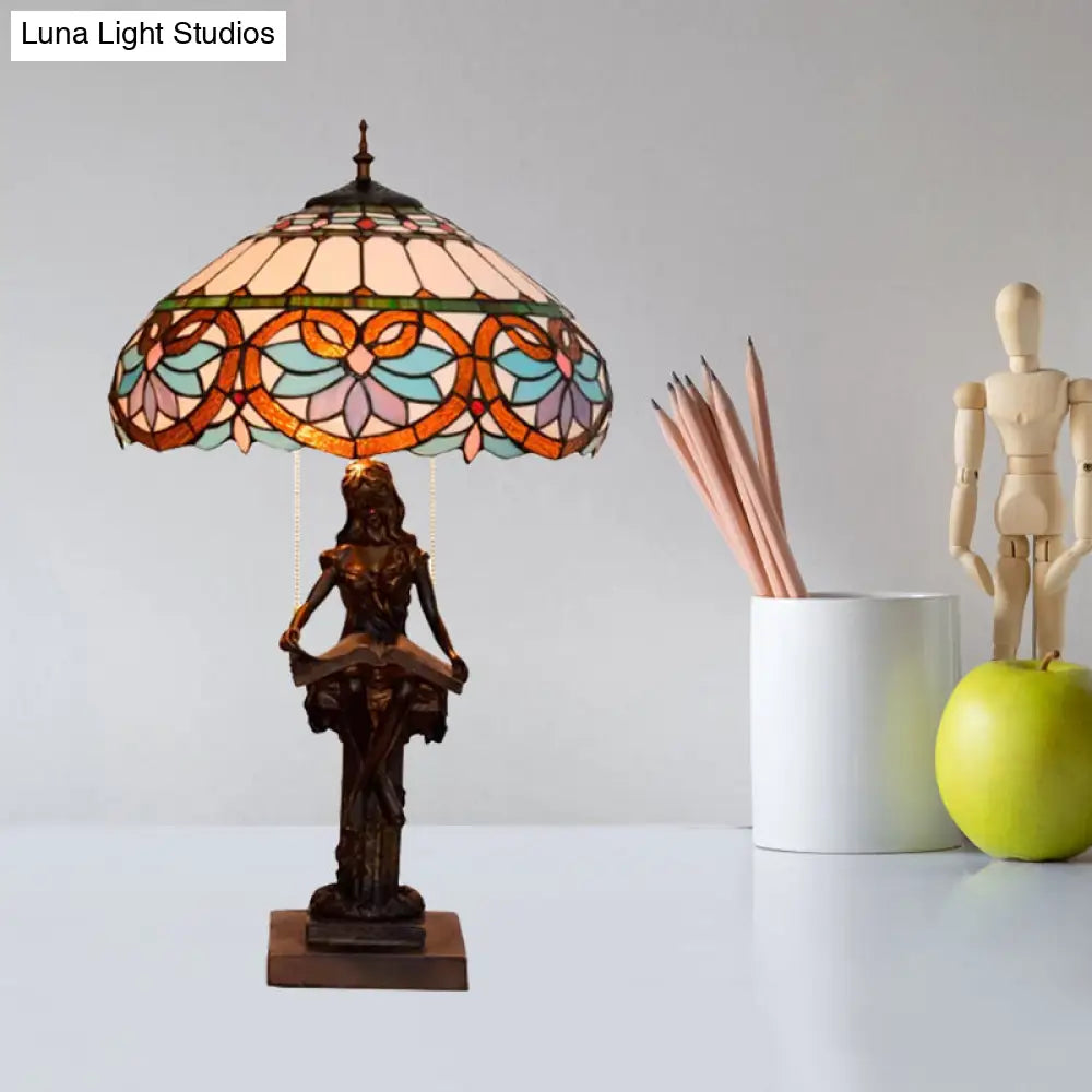 Isla - Girl Studying Tiffany-Style Table Light: 2-Bulb Resin Night Lamp With