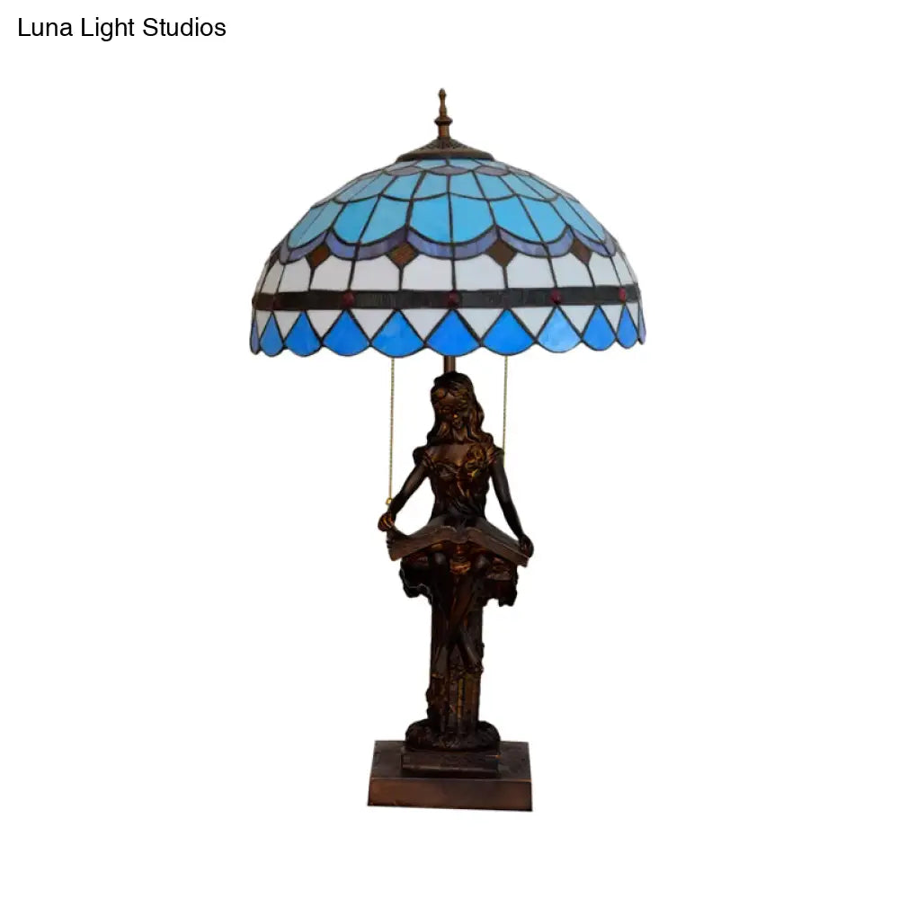Isla - Girl Studying Tiffany-Style Table Light: 2-Bulb Resin Night Lamp With