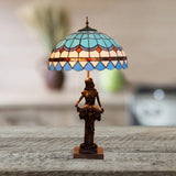 Isla - Girl Studying Tiffany-Style Table Light: 2-Bulb Resin Night Lamp With Blue-White
