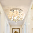 Ivory Glass Chrome Flush Mount Flower Ceiling Light With Diamond Crystal Drop