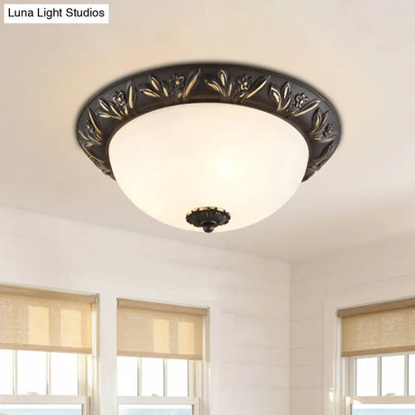 Ivory Glass Flush Mount Ceiling Lamp With Flower Trim In Black/Brass