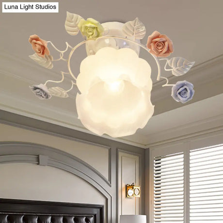 Ivory Glass Rose Ceiling Light - Traditional White/Pink Semi Flush Mount For Bedroom