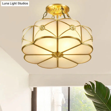 Ivory Glass Scallop Semi Flush Mount Ceiling Light - Vintage Brass Fixture 4-Head Design For