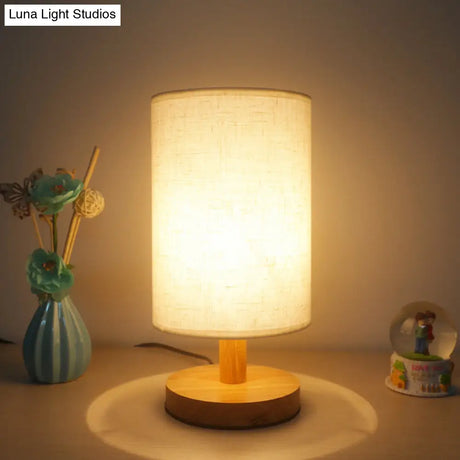 Japanese Cylinder Task Lamp: Fabric Reading Light - White/Flaxen Wood Base