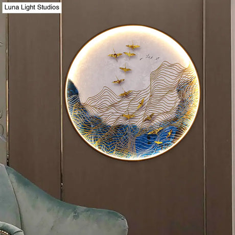 Japanese Metal Led Wall Sconce With Mountain And Bird Design For Dining Room Decor