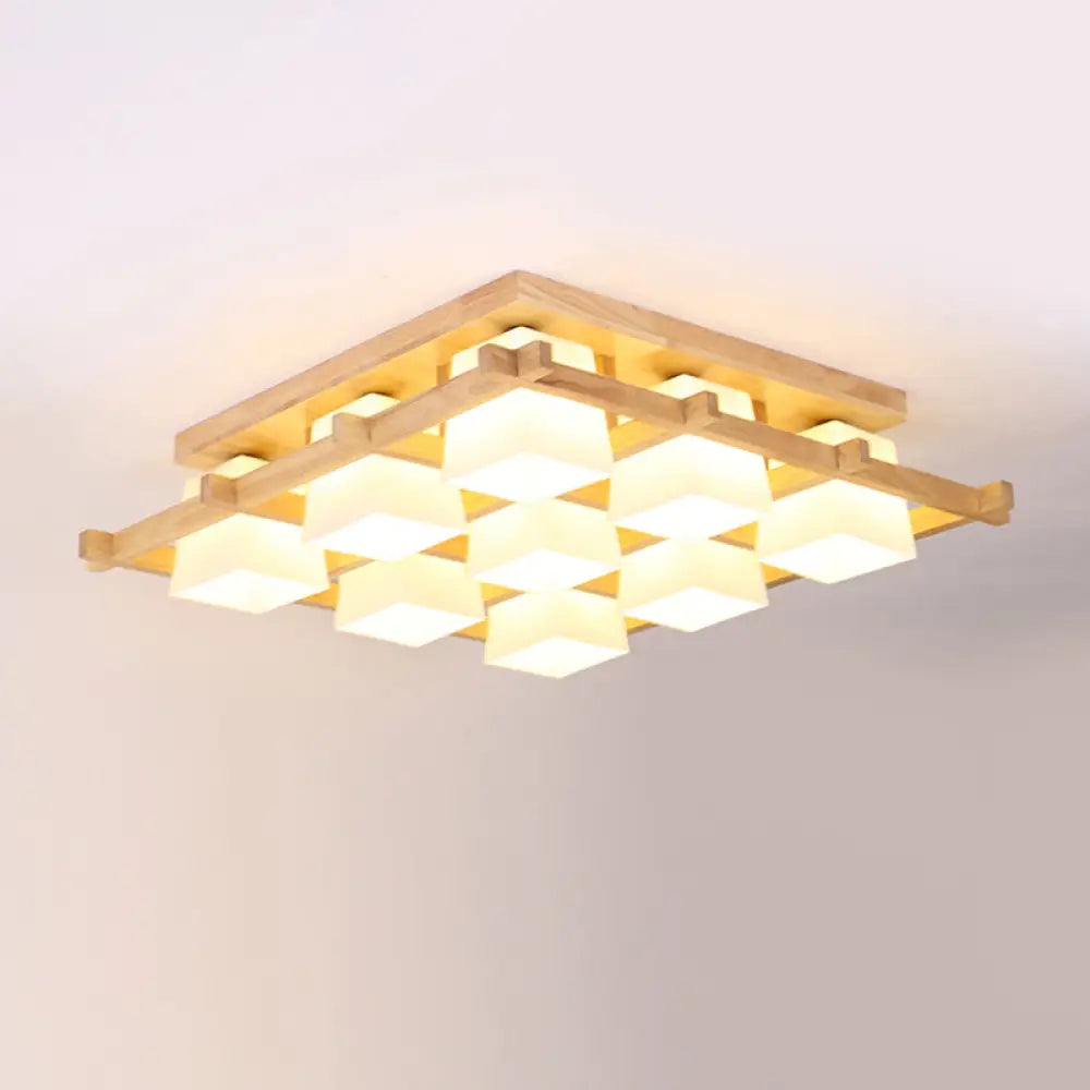 Japanese Style Cream Glass Geometrical Flush Mount Lighting Fixture 9 / Wood