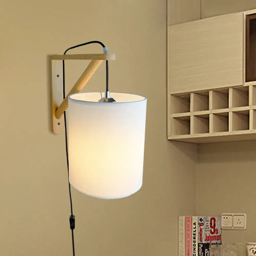 Japanese Style Cylindrical Fabric Wall Sconce With 1-Bulb And Wood Mount White