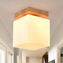 Japanese Style Wood & Glass Porch Cube Flush Ceiling Light - Stylish White Lamp / 4’