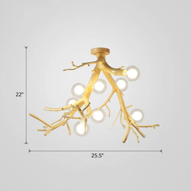 Japanese - Style Wood Tree Branch Ceiling Light: 8 - Bulb Metal Semi Flush Mount For Dining Room /