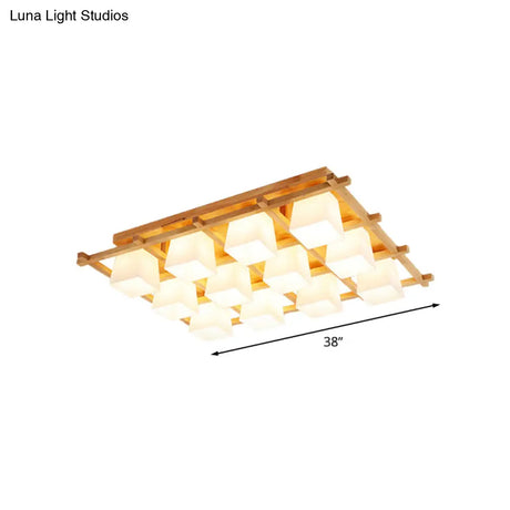 Japanese Style Wooden Checkerboard Flush Mount Ceiling Light In Beige For Study Room