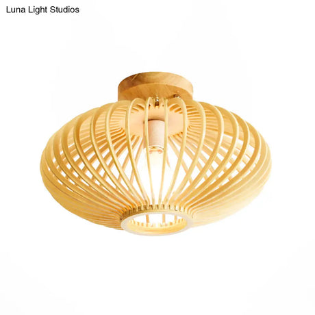 Japanese Wood Laser Cut Semi Flush Mount Ceiling Light In Beige