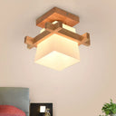 Japanese Wood Square Flush Mount Ceiling Light With White Glass Shade - Ideal For Corridors