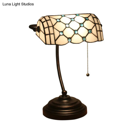 Jeweled Beige Glass Pull Chain Tiffany Style Table Lamp In Blue/Gold With Curved Arm