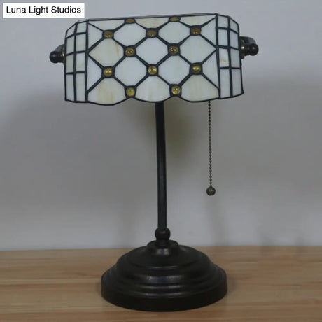 Jeweled Beige Glass Pull Chain Tiffany Style Table Lamp In Blue/Gold With Curved Arm