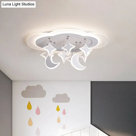 Kid-Friendly Acrylic Cloudy Led Flush Ceiling Light With Dangling Moon And Star - Warm/White Glow
