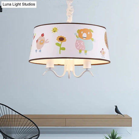 Kid-Friendly White Fabric Drum Chandelier With Cute Animal Pendant Light