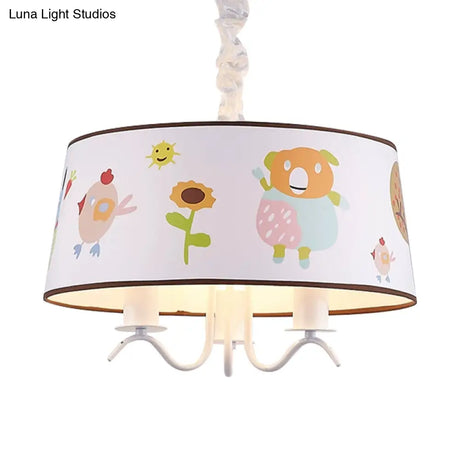 Kid-Friendly White Fabric Drum Chandelier With Cute Animal Pendant Light