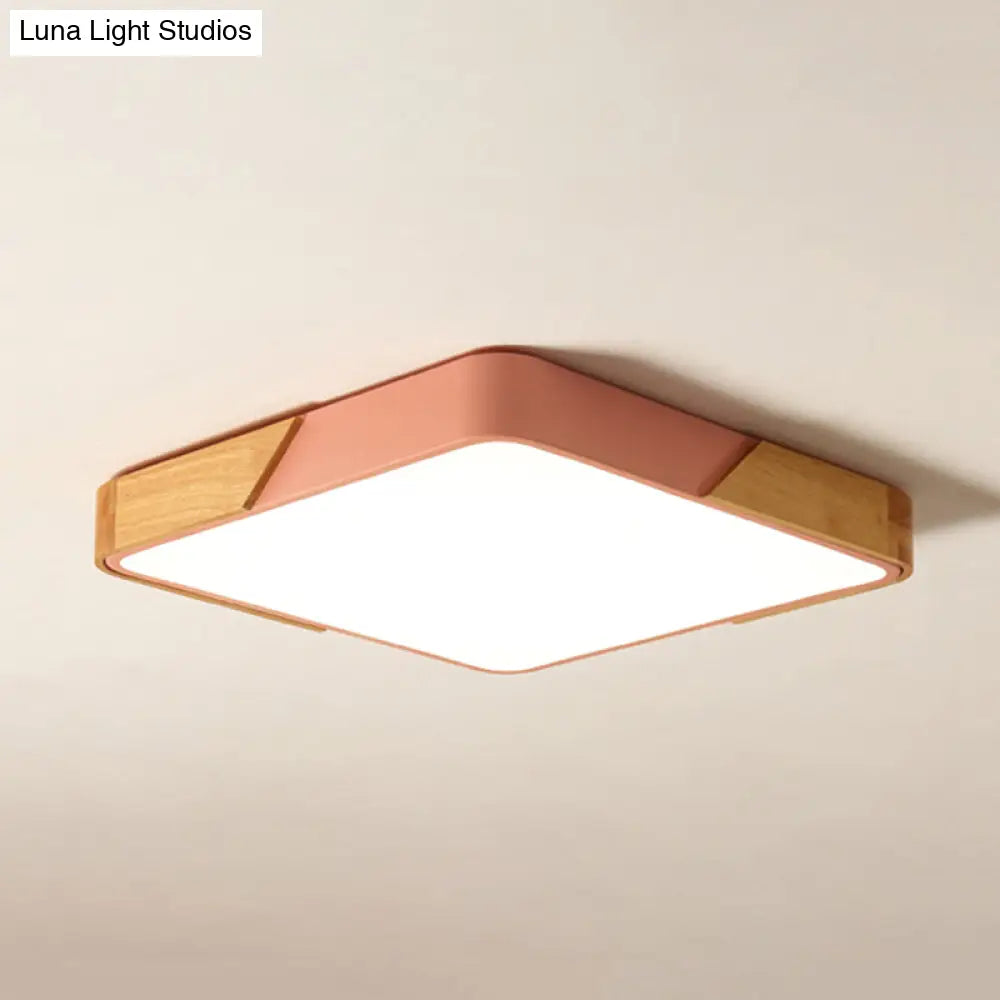 Kids Bedroom Ceiling Light - Nordic Green Square Flush Mount With Wood And Acrylic Shade