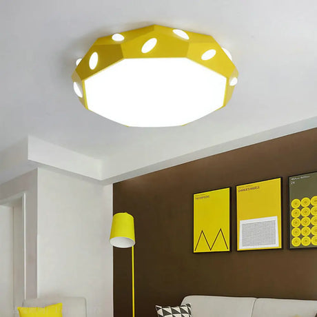 Kid’s Bedroom Octagon Shade Flush Ceiling Light With Leaf Macaron Design - Acrylic Led Lamp Yellow