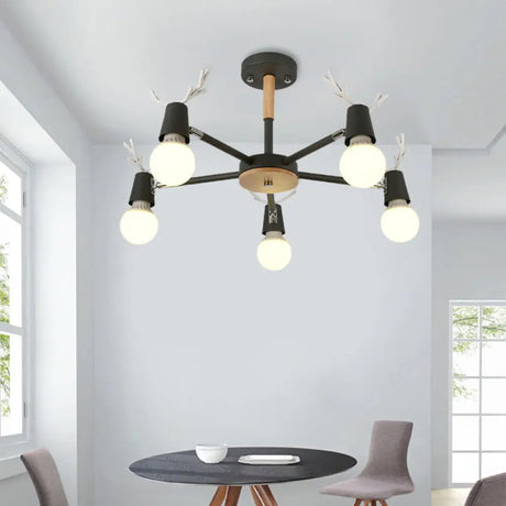 Kids’ Bedroom Semi Flush Ceiling Light With Modern Antler Decoration 5 / Black