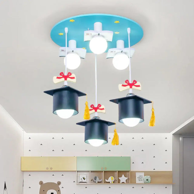 Kid’s Blue Square Cap Resin Ceiling Light With 3 Flush Lights For Bedroom