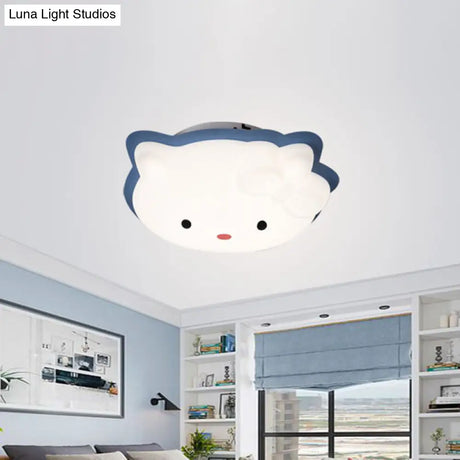 Kids’ Cartoon Cat Led Flush Mount Light Fixture For Pink/Blue Bedroom Décor