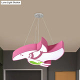Kids Cartoon Pterosaur/Tyrannosaurus Led Chandelier - Acrylic Pink/Blue Hanging Light Fixture