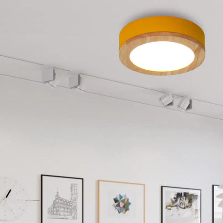 Kids Drum Ceiling Light With Wood And Acrylic Shade - Ideal Bedroom Flush Mount Fixture Yellow / 12’