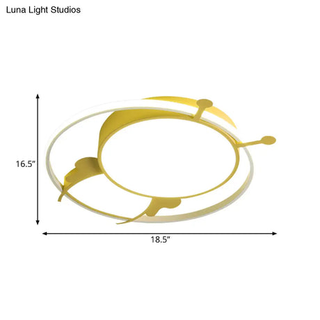 Kids Led Flush Mount Lamp With Metal Ring - Pink/Yellow Pendant Light Featuring Acrylic Bee Shade
