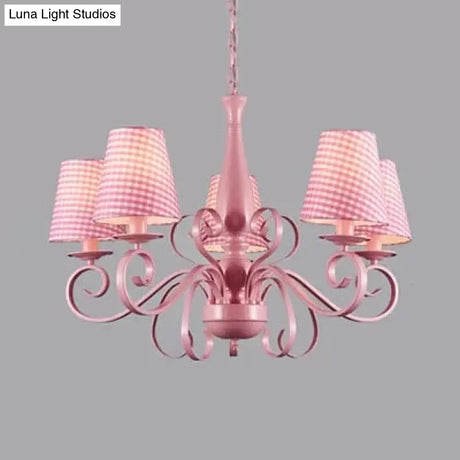 Kids Pink Tapered Shade Chandelier - 5 Light Metal Hanging Lamp For Living Room
