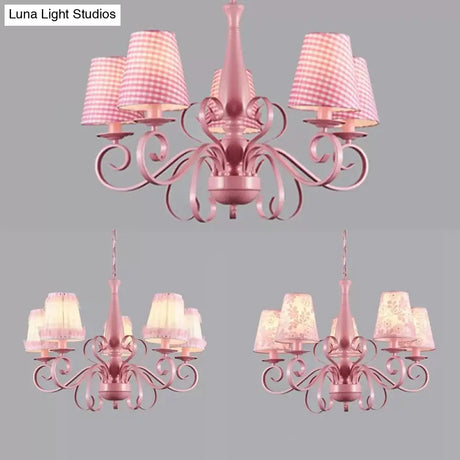 Kids Pink Tapered Shade Chandelier - 5 Light Metal Hanging Lamp For Living Room